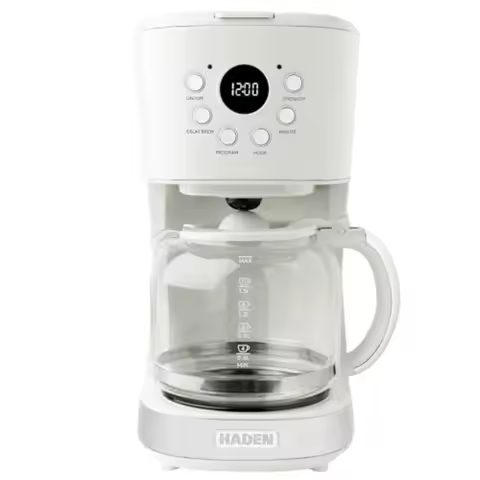 12 Cup Programmable Drip Coffee Maker in Ivory Chrome for Home Kitchen Use Easy to Use with Built-in Grinder and Thermal Carafe