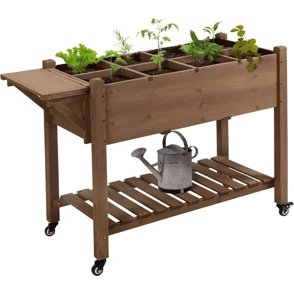 

Outdoor Planter, Wooden Outdoor Plant Box Stand with Folding Side Table and Wheels, Raised Garden Bed with 8 Grow Grids