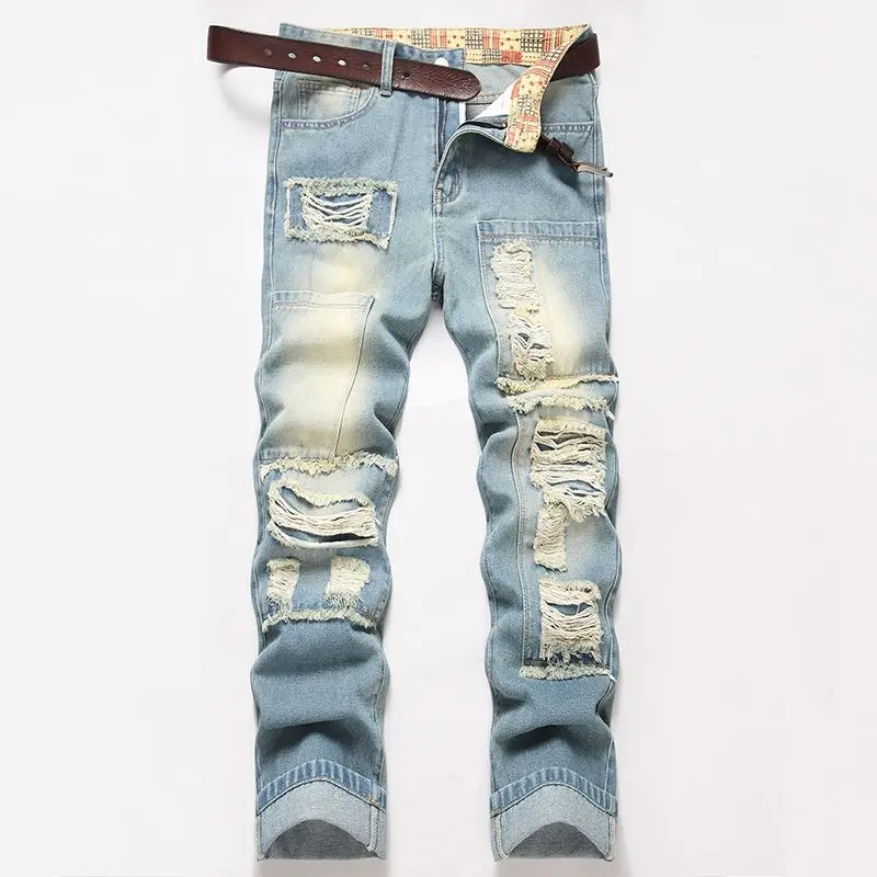 Autumn Men's New Light Blue Slim Fit Jeans Men's Ripped Loose Jeans Elastic Hole Versatile High Street Denim Pants Retro Washed