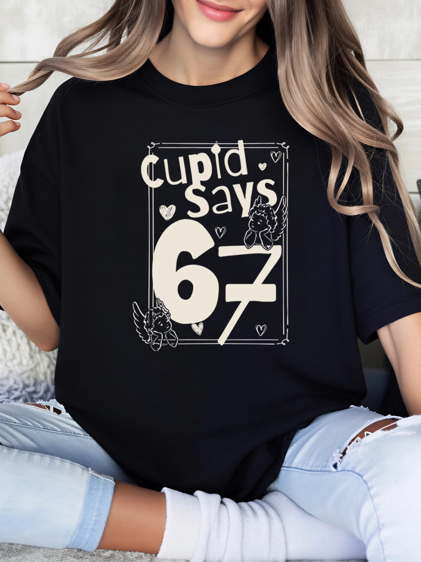 

Cupid Says 67 Valentine's Day Printed T-Shirt Women's Casual Wear Black Plus-Size