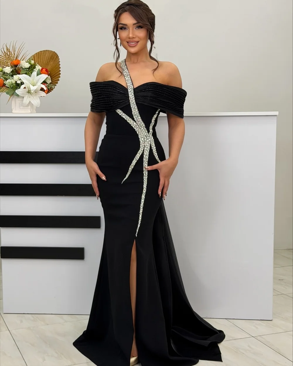 

Customized Matching Formal Jersey Pleat Draped Rhinestone Mermaid Off-the-shoulder Long Dresses Bespoke Occasion Dresses Casual