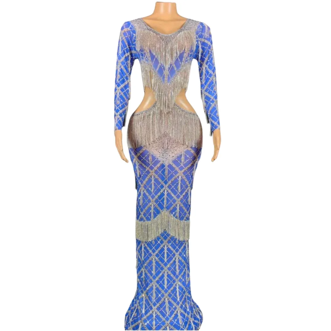

Birthday Queen Long Dress For Women Drill Chian Stunning Rhinestone Blue Evening Prom Celebrate Drag Queen Outfit Elegant 2024