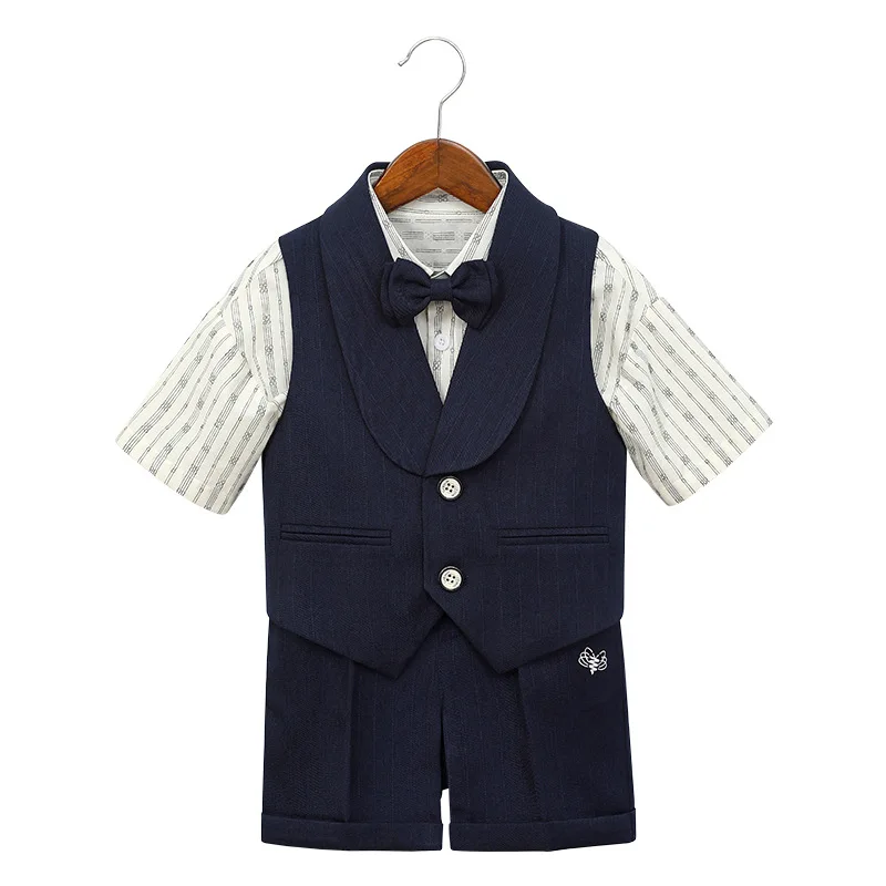 Toddler Boys Summer Formal Suit Set Kids Gentleman Outfit for Wedding Ring Bearer Birthday Party Short Sleeve Shirt Vest Shorts
