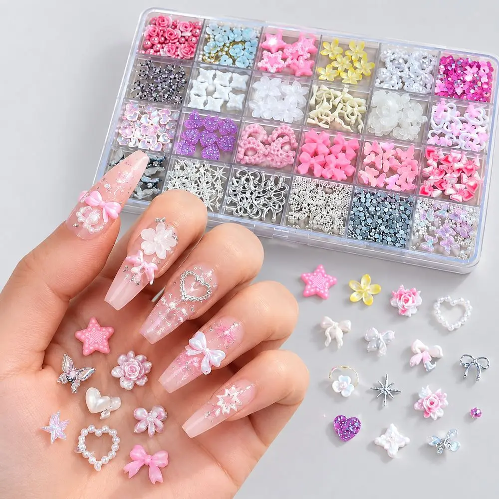24Grids Nail Accessories Mixed Box 3D Resin Flower Bow Heart Star Butterfly Moon Pearl Rhinestone Nail Charms for Nails Decor