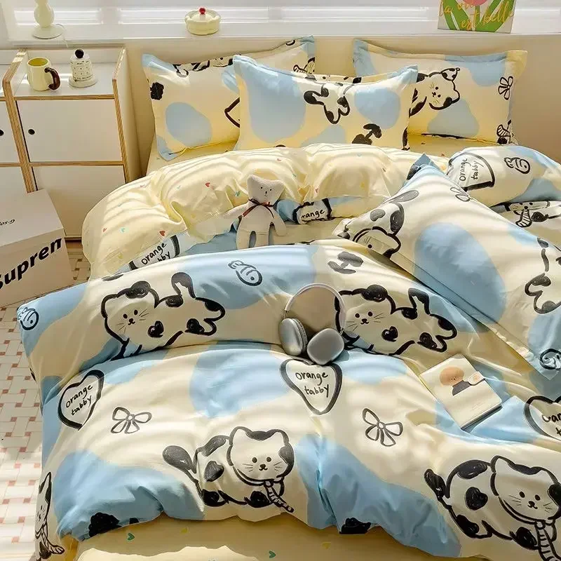 Korean INS Cats Bedding Set Children Girls Cartoon Strawberry Duvet Cover With Pillowcase Twin Full Queen Size Floral Bed Linens