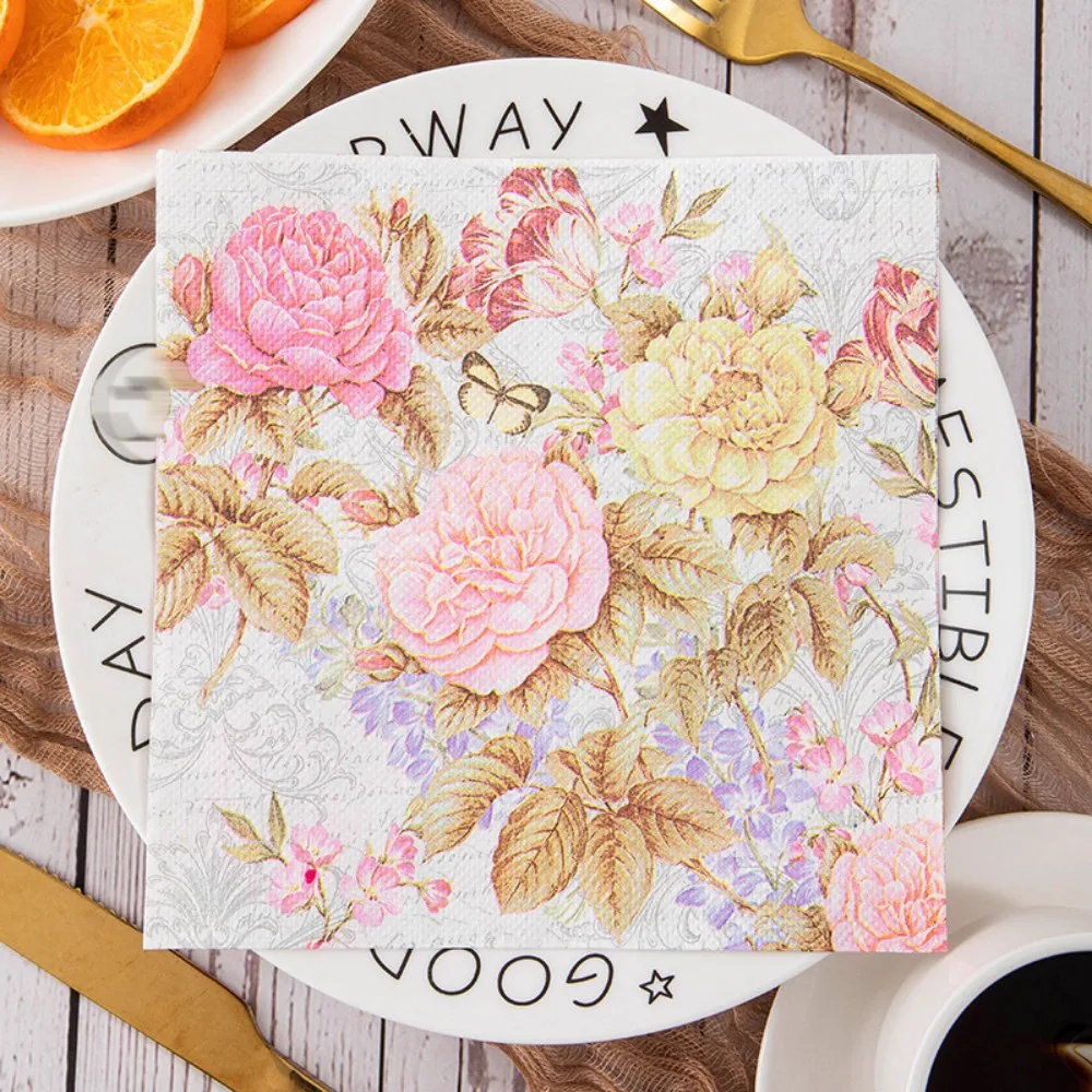 40PCS Disposable Flower Printed Paper Napkin Double Layer Good Water Absorption Paper Towels Square Soft Tissue Wedding