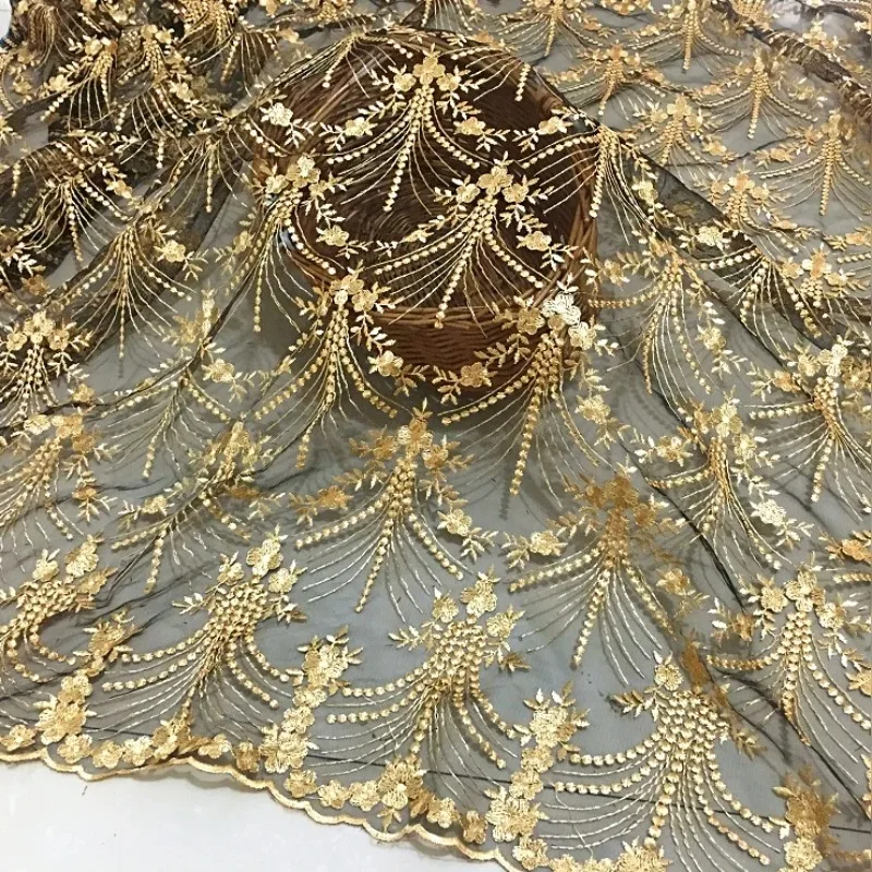 Quality African Lace Fabric Gold Royal French Net Embroidery Tulle Lace Fabric For Nigerian party Dress wedding dress 50*125cm