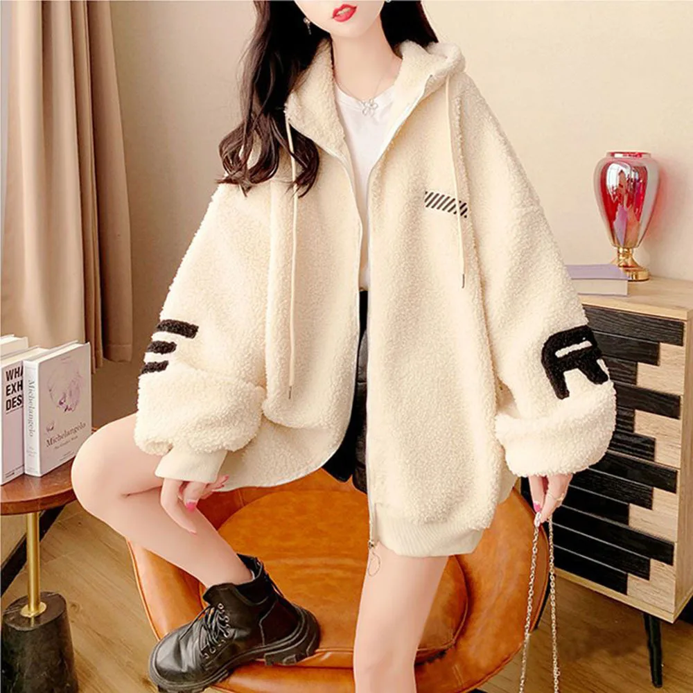 Autumn Winter New Sweatshirts Coats For Women Lamb Hoodies Kawaii Plush Sweatshirt Jacket Casual Warm Female Letter Print Hooded