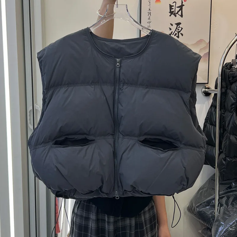 Women's Winter Top Coat Vest Down Jacket White Duck Down Round Neck Short Warm Thickened Retro Simple Comfortable Casual Niche