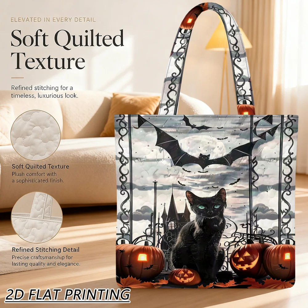 1pc Black cat bats pumpkins Quilted Women'S Shoulder Bag, Reusable Washable Handbag, Craft For Beach Commuting And