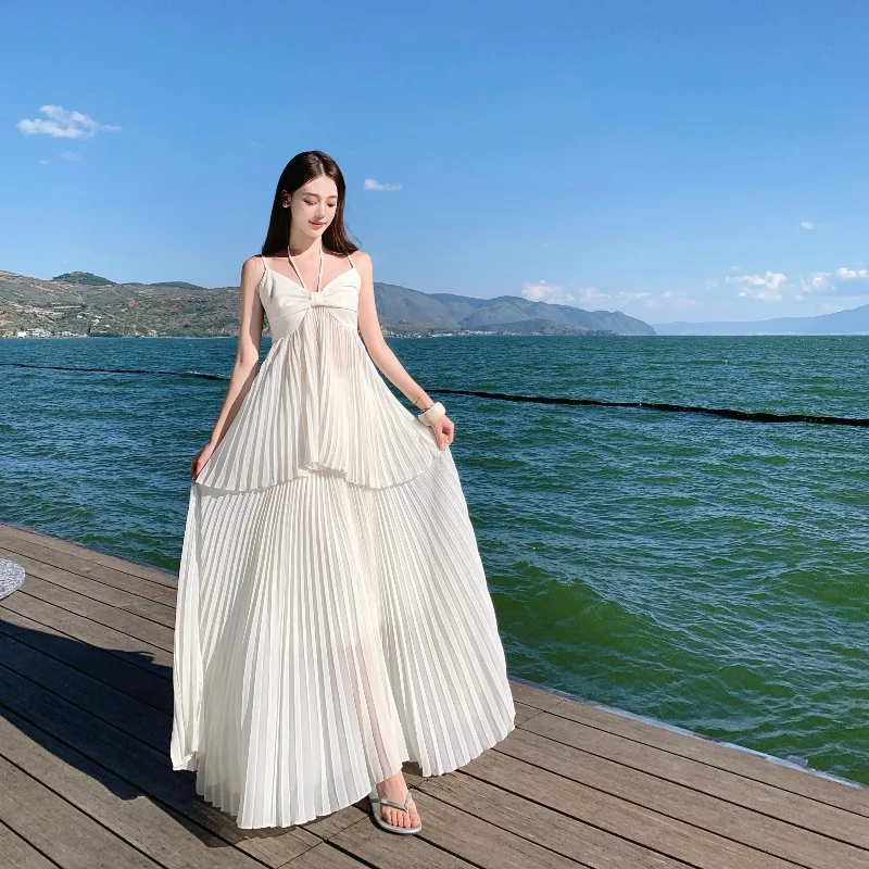 

Summer French Bohemian Lightweight 2 Piece Set Women Thin Spaghetti Strap Chiffon Top + Long Pleated Skirt Beach Vacation Outfit