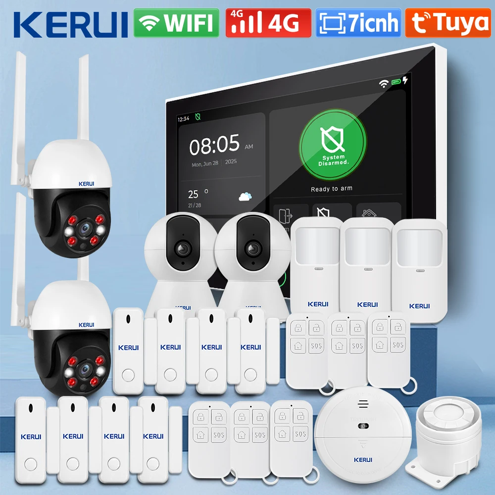 

KERUI Tuya WiFi+4G Домашняя сигнализация с 7-дюймовым большим сенсорным экраном Набор сигнализации FSK / ASK для защиты дома G70