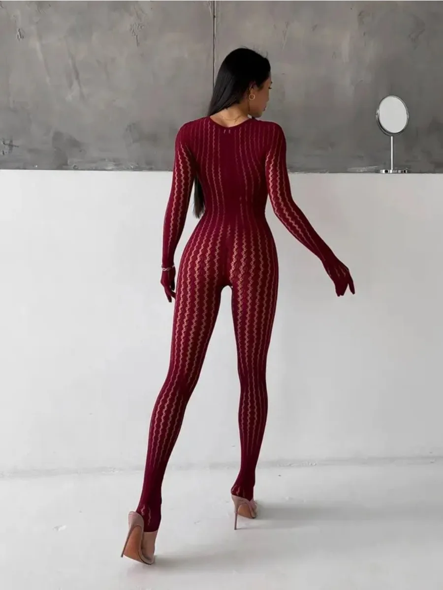 Women's Burgundy Sheer Lace Jumpsuit Long Sleeve Bodycon One Piece Romper Openwork Pattern for Party Club Evening Wear view 3
