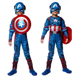 Halloween Purim Boys Captain Rogers Costume Blue Superhero Muscle America Jumpsuit Fantasia Fancy Dress Outfit