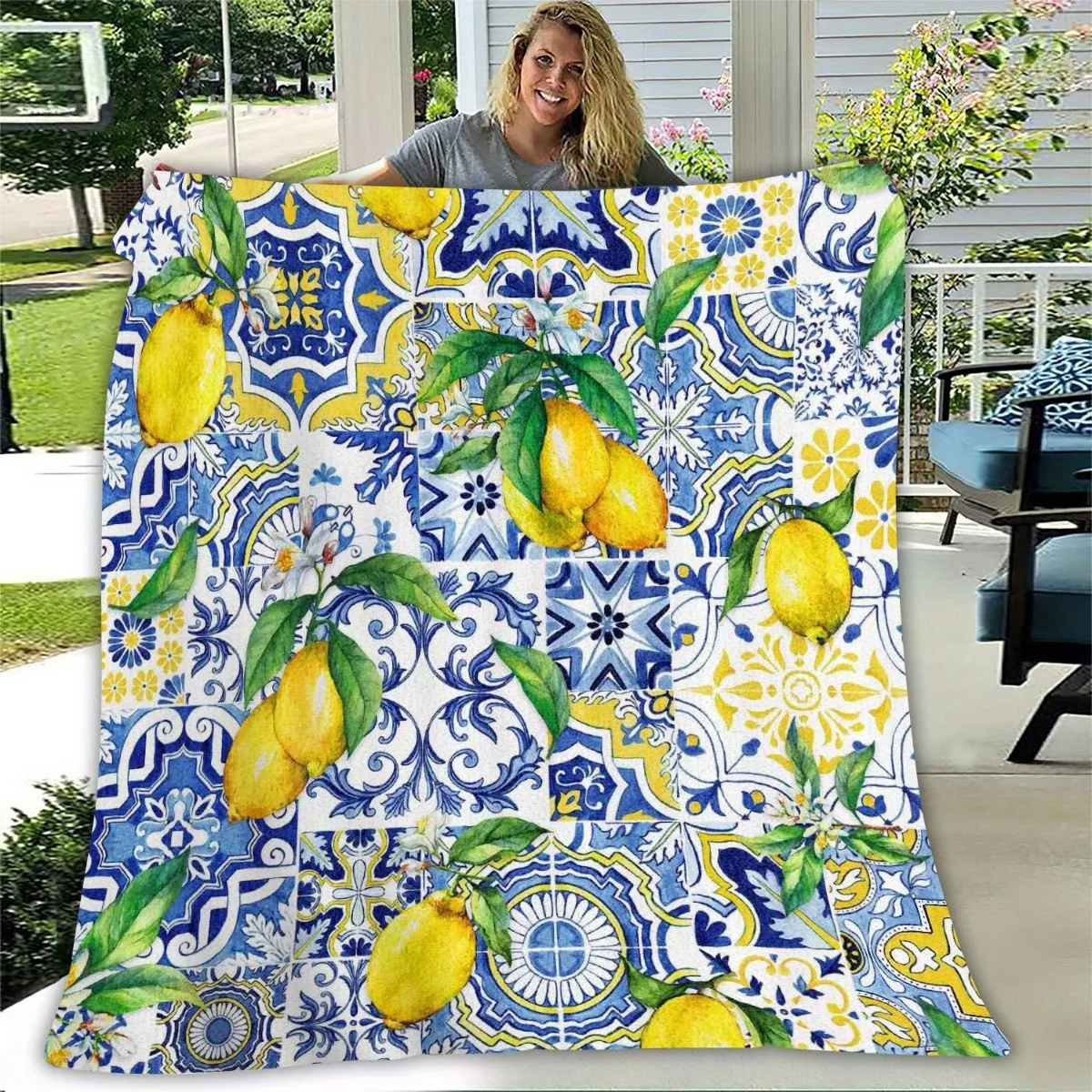 Elegant Italian Lemon Blanket Warm Soft Bedspread Couch Throw Blanket Classic Blue Floral Room Decor For Women Men