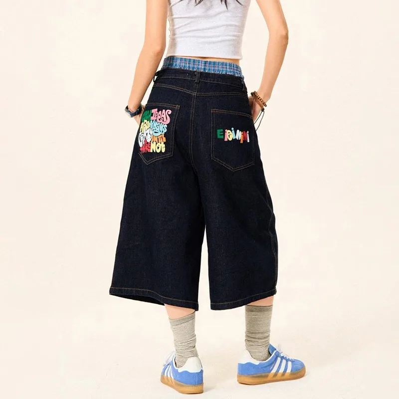 

Summer High Street Letter Printing Washing Denim Shorts Men and Women American Retro Casual Loose Straight Cropped Pants Trendy