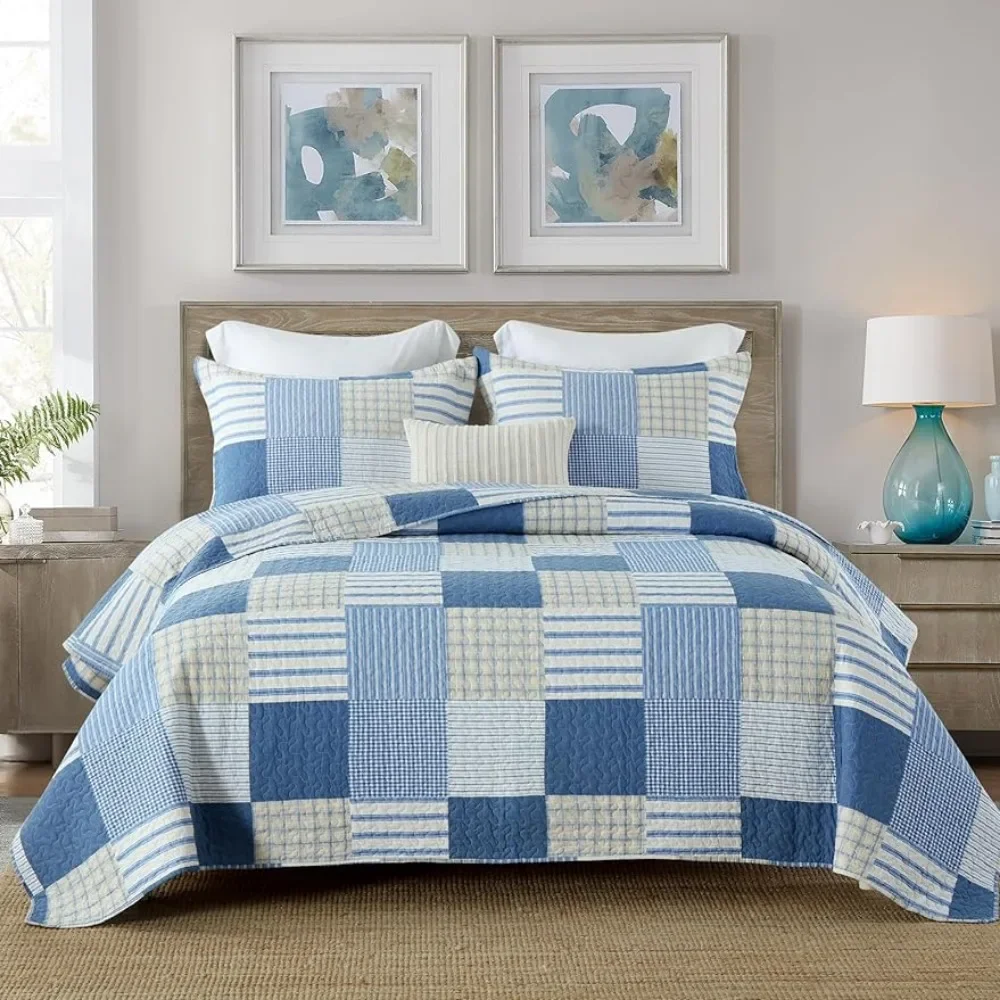 

Quilt King Size 100% Cotton Comforter Set Blue Beige Plaid Set,Reversible Lightweight Soft Bedspread,Quilted All-Season, 3-Piece