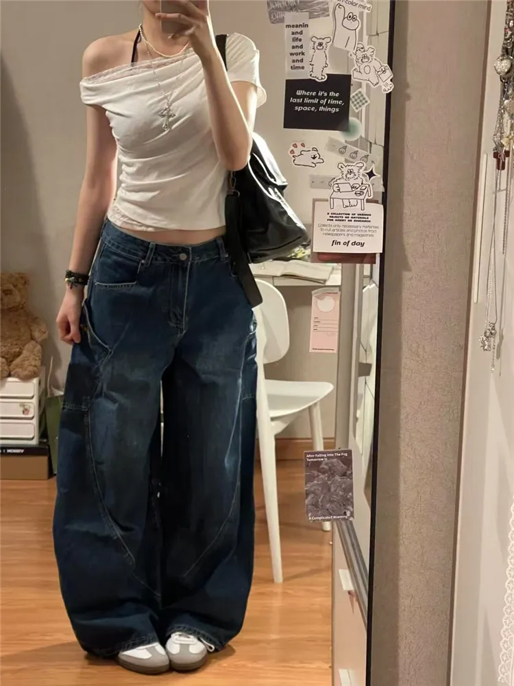 

Американские винтажные джинсы-клеш глубокого синего цвета для женщин, осенне-зимние, свободные, с высокой талией, удлиненные, модель «Сеялка»