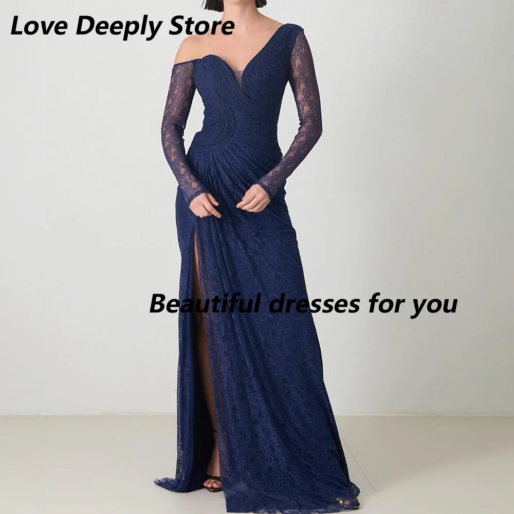

Navy Prom Dress Off Shoulder Long Sleeves Evening Dresses Lace Mermaid Floor Length Arab Dubai Party Gown Customized