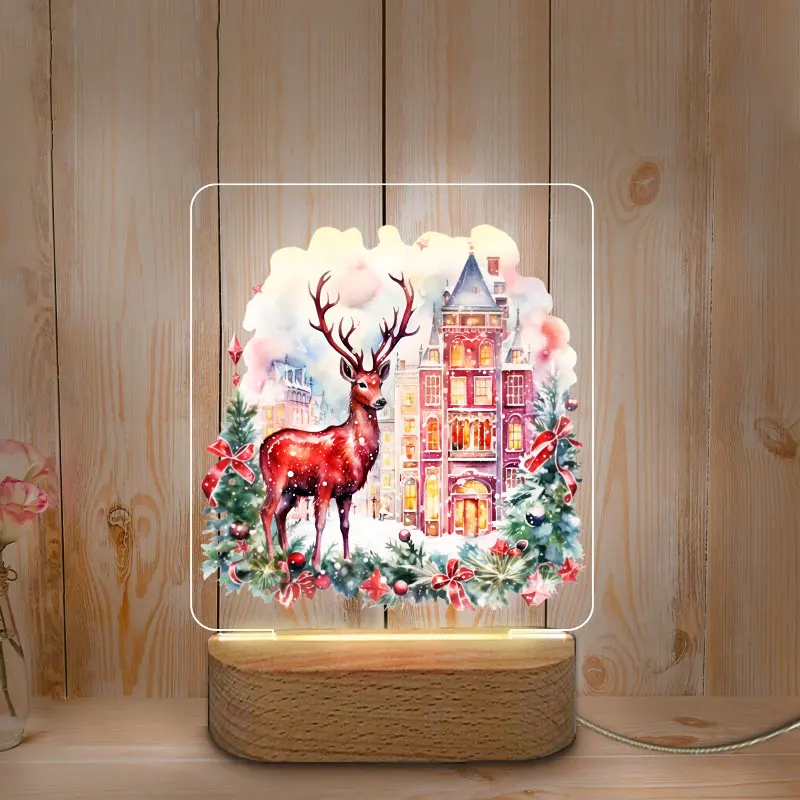 Personalized Night Lamp Color Printing Night Light For Baby Mother Home Room USB LED NightLight Christmas Decoration Wooden Base