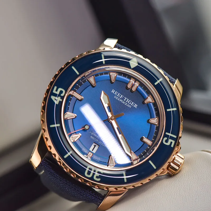 Reef Tiger/RT Dive Watches for Men Rose Gold Blue Dial Super Luminous Watches Analog Automatic Watches reloj hombre RGA3035