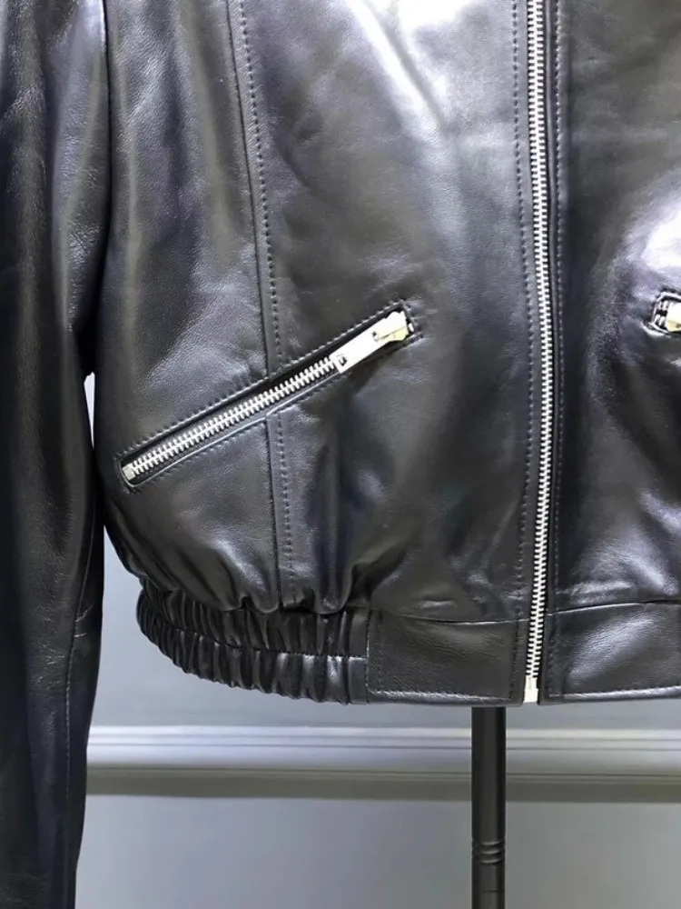 فاسق المرأة دراجة نارية سترة عالية الخصر الوقوف طوق جديد ملابس علوية بأكمام طويلة للربيع سستة الشارع الشهير الإناث جلد طبيعي معطف قصير