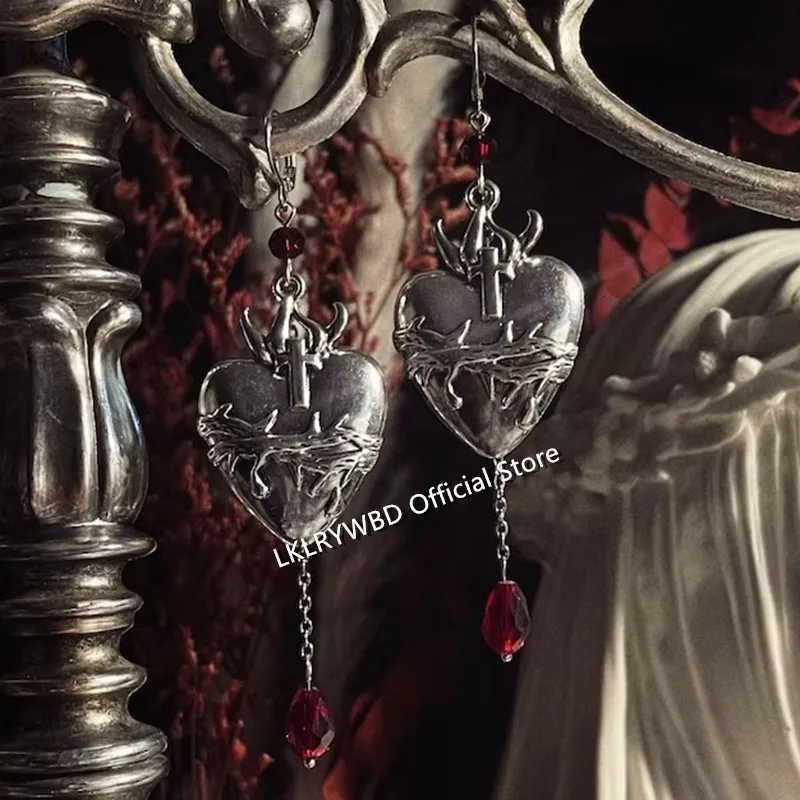 The Sacred Heart - Dangly Earrings - Chain - Layered - Beaded - Red - Silver - Crucifix - Gothic-Witchy-Edgy-Thorns-Flames-Holy