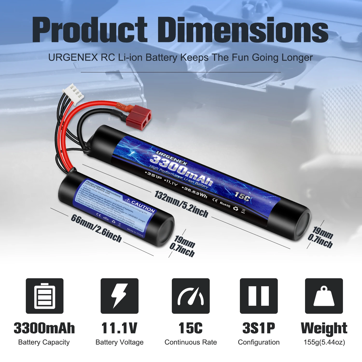 URGENEX Airsoft Battery 3300mAh High Capacity 11.1V Nunchuck RC Battery with Dean-Style T Plug  3S Butterfly Stick Airsoft Li-Io