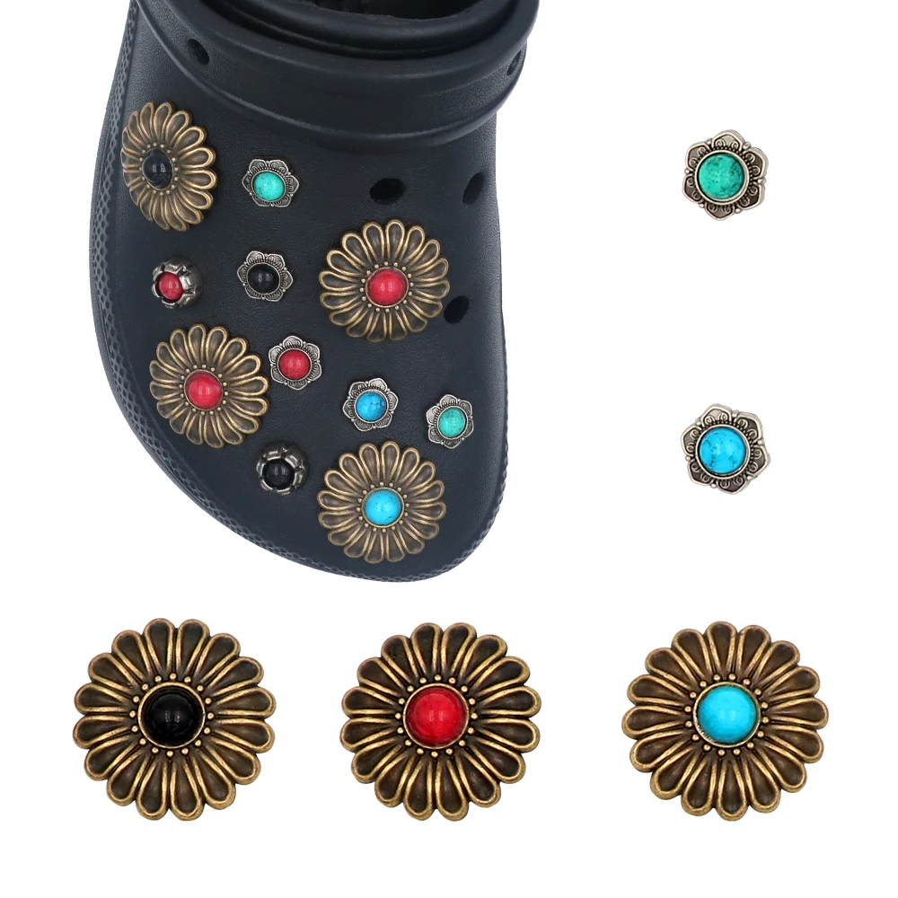 Shoe 크로크 Halloween Accessories Charm 1 Set 14 Pcs Pines Simulated Turquoise Metal Detachable Round Hole Sandals Decorations Gift