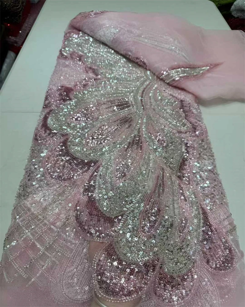 

Luxury African Beaded Lace FabriNewest Nigerian French Sequin Tulle Lace Fabric for Party Dress Sewing 5 Yards