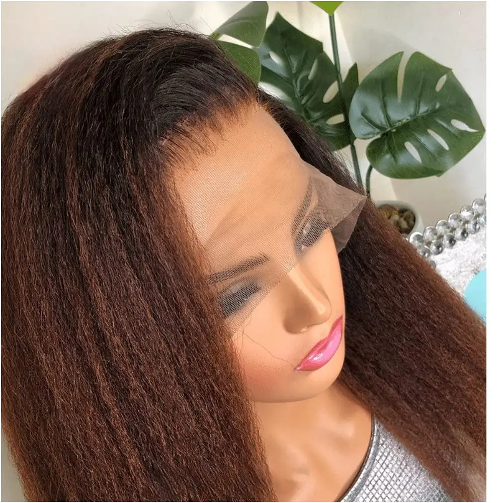 Yaki Natural Brown Blonde Glueless Long Kinky Straight Lace Front Wig For Women With Baby Hair Synthetic Preplucked Daily Wig