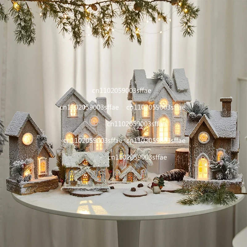 Christmas Wooden House Luminescent House Decor Nordic Glowing Snow Cabin Desk Ornament Window Display Village for Holiday Scene