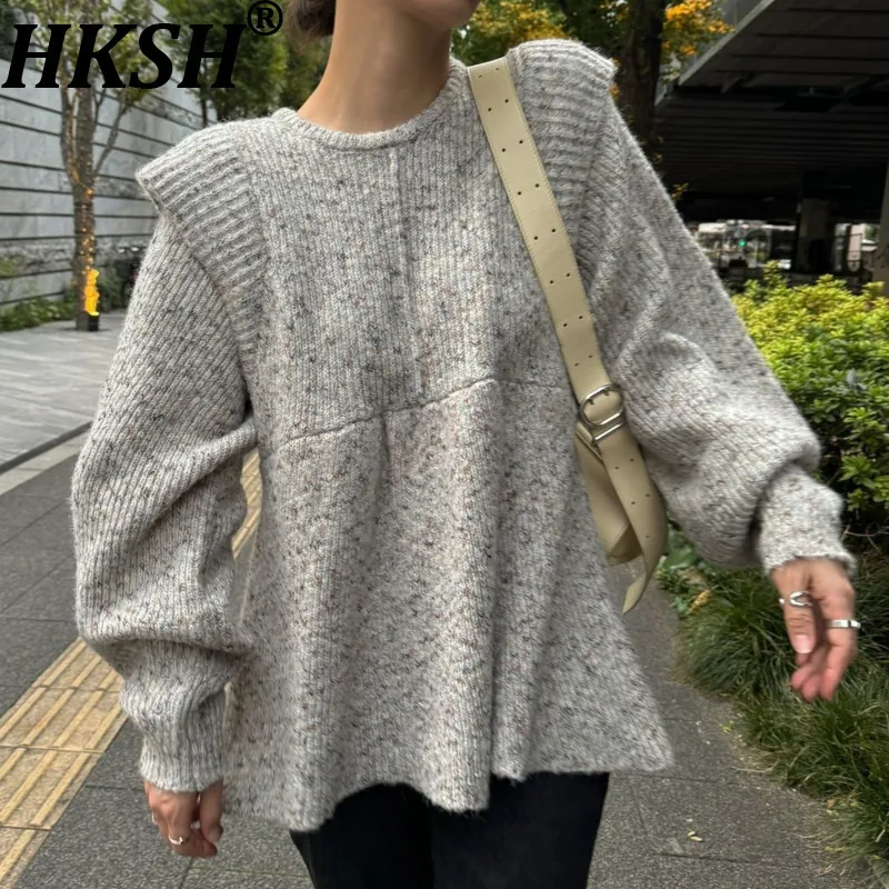

HKSH осень-зима новый женский вязаный свитер пуловер с круглым вырезом и рукавами-фонариками универсальный корейский повседневный элегантный топ HK13003