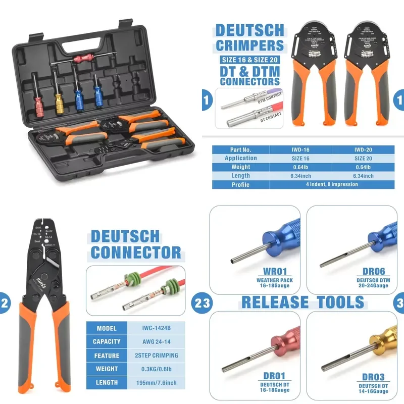KIT-DC02 Wire Crimping Tool Kit with Connector Tool for De's Connectors and Weather Pack Terminals