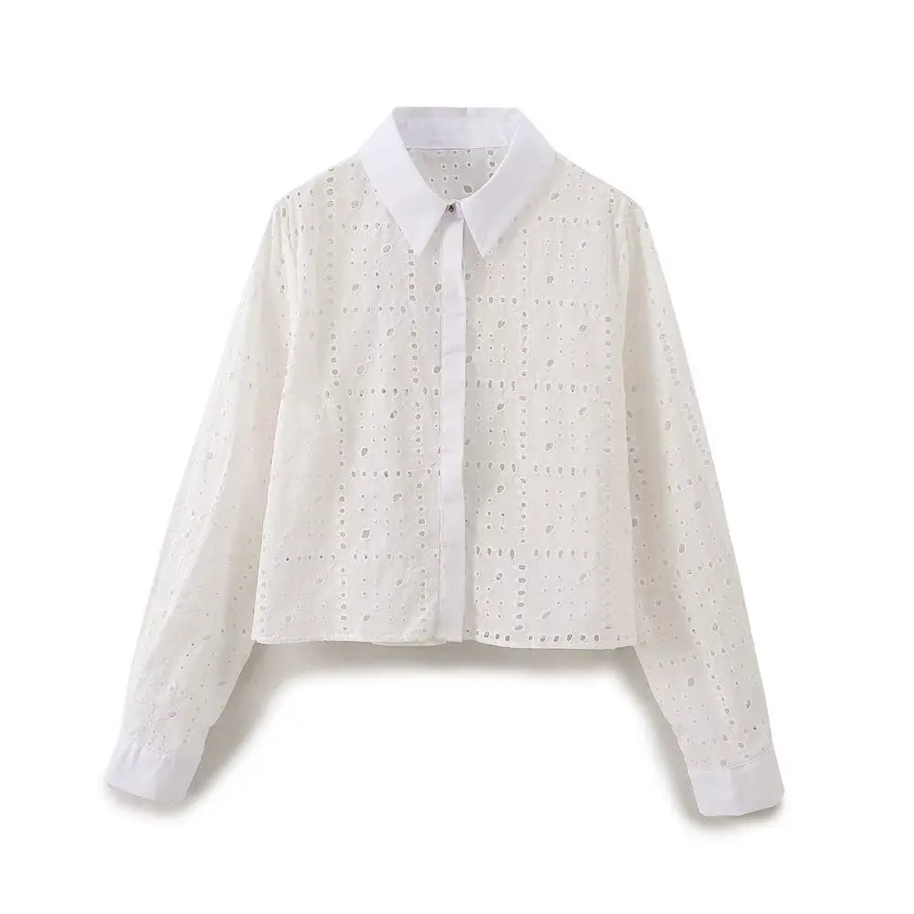 

WOMAN 2026 Summer New Fashionable Casual Collar Long Sleeve Hollow Embroidery Shirt Retro Versatile Women's Shirt Mujer Chic
