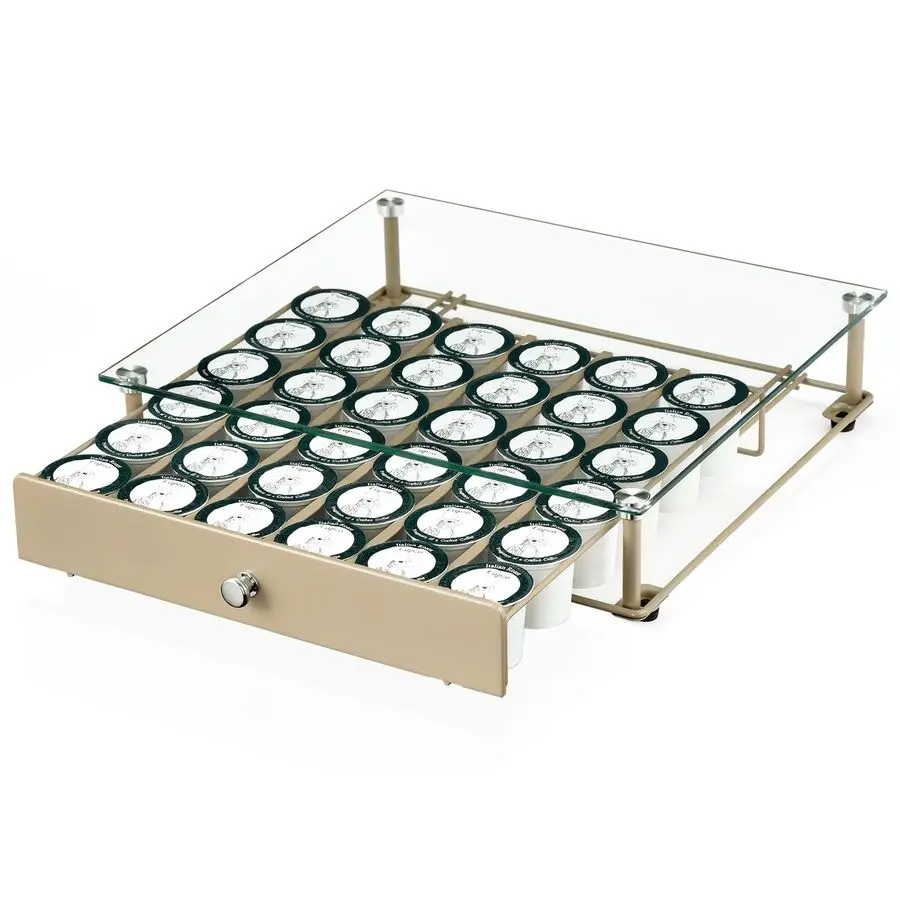 

Pod Holder With Tempered Glass Top Drawer Compatible With K Cup Pods, Holds 36 Storage Organizer for Shop, Office, Kitchen Count