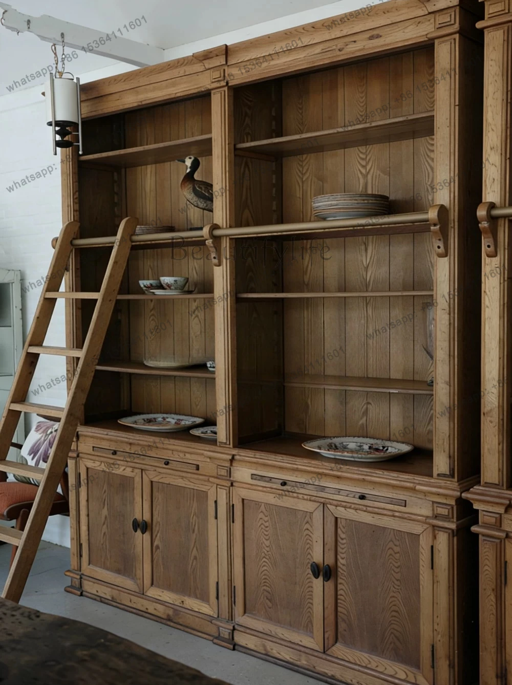 American French oak solid wood bookcase combination storage background wall retro home with ladder bookshelf