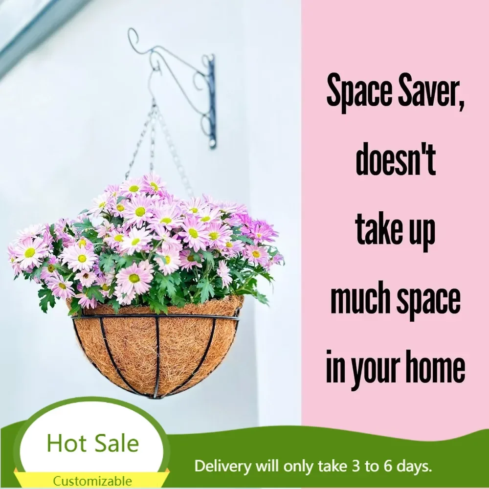 Extra Large Outdoor Hanging Planters (16 Inch) - 10 Pack with Coco Liners and Round Metal Wire Frame