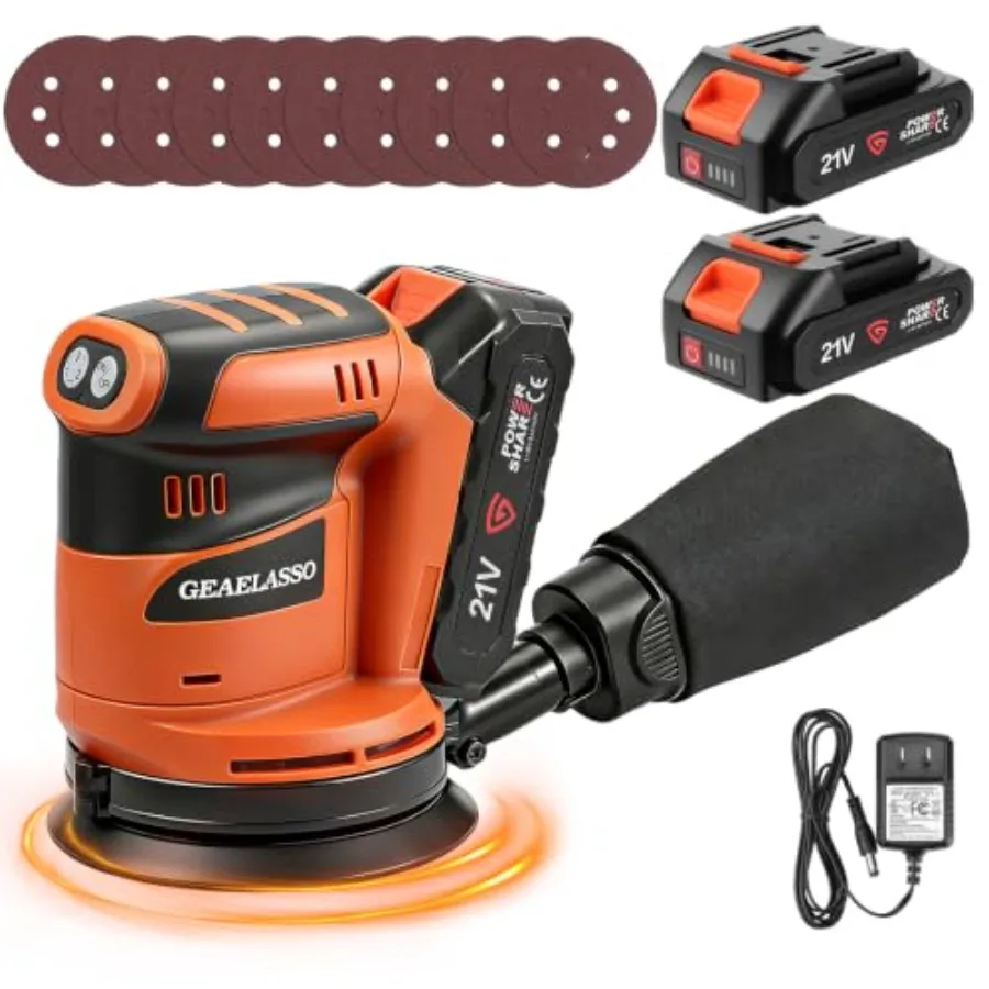 Woodworking and furniture sanding: cordless 5-inch random orbital sander, aluminum body, black, 3 variable speeds 800013000 RPM