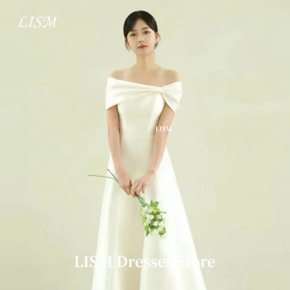 LISM Simple Off Shoulder A-Line Korea Wedding Dresses Corset Back Customized Long Elegant Bridal Gowns 결혼식 드레 Photo Shoot Satin