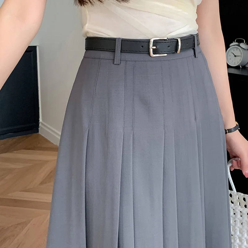 خمر عالية الخصر مطوي التنانير الطويلة للمرأة الربيع مكتب ارتداء ميدي ألف خط تنورة المرأة حزام رمادي وردي أسود Saia Plissada