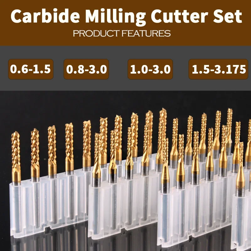 PCB Carbide Milling Cutter Set 0.6-1.5mm End Mill Bits 3.175mm Shank Crude Corn Milling Cutter For Circuit Board