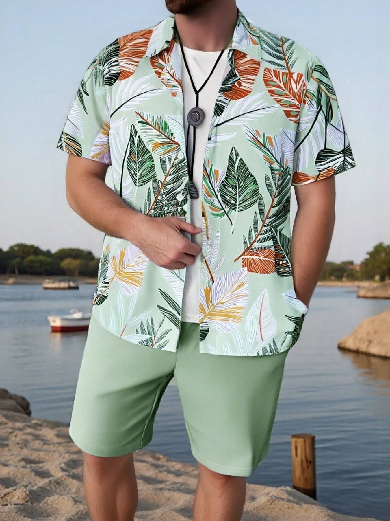 

Men's Light Green Tropical Leaf Print Casual Set 2 Piece Cuban Collar Short Sleeve Shirt & Drawstring Shorts Outfit