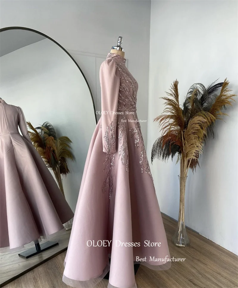 OLOEY-Robes musulmanes en dentelle à paillettes pour femmes, col haut, manches longues, rose poussiéreux, modeste, arabe de Dubaï, robe de Rhformelle personnalisée, quelque soit