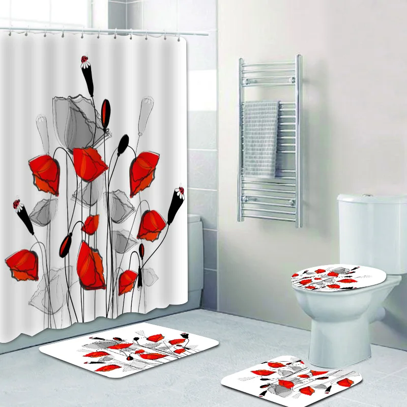 Trendy Whimsical Red Poppies Floral Bathroom Shower Curtain Set for Bathroom Artistic Poppy Flowers Bath Mats for Toilet Decor