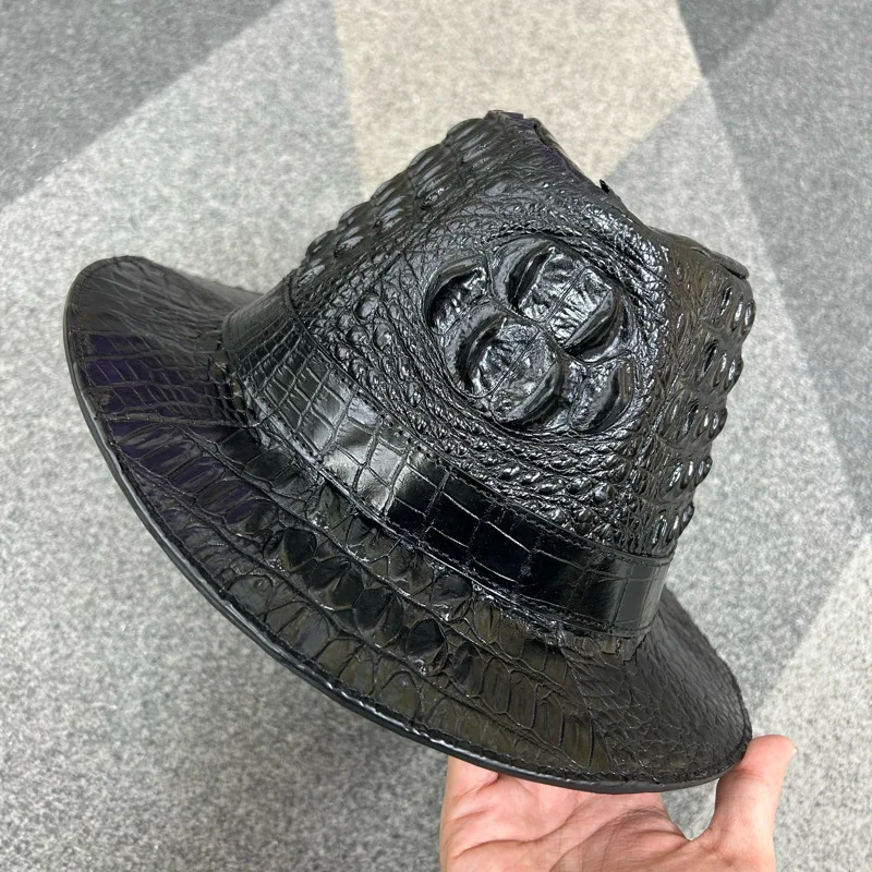 Crocodile Skin Hat Men Fedoras Casual Cap Hundred Real Crocodile Backbone Leather Bowler Hat Fashion Trend Black Sun Hat