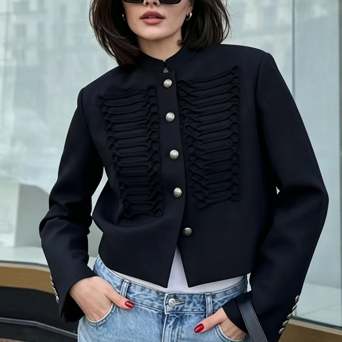 Fashionable Short Sleeveless Women's Jacket Autumn 2026 Cleanfit Style Long Sleeve Stand Collar Knot Decoration Button Short ...