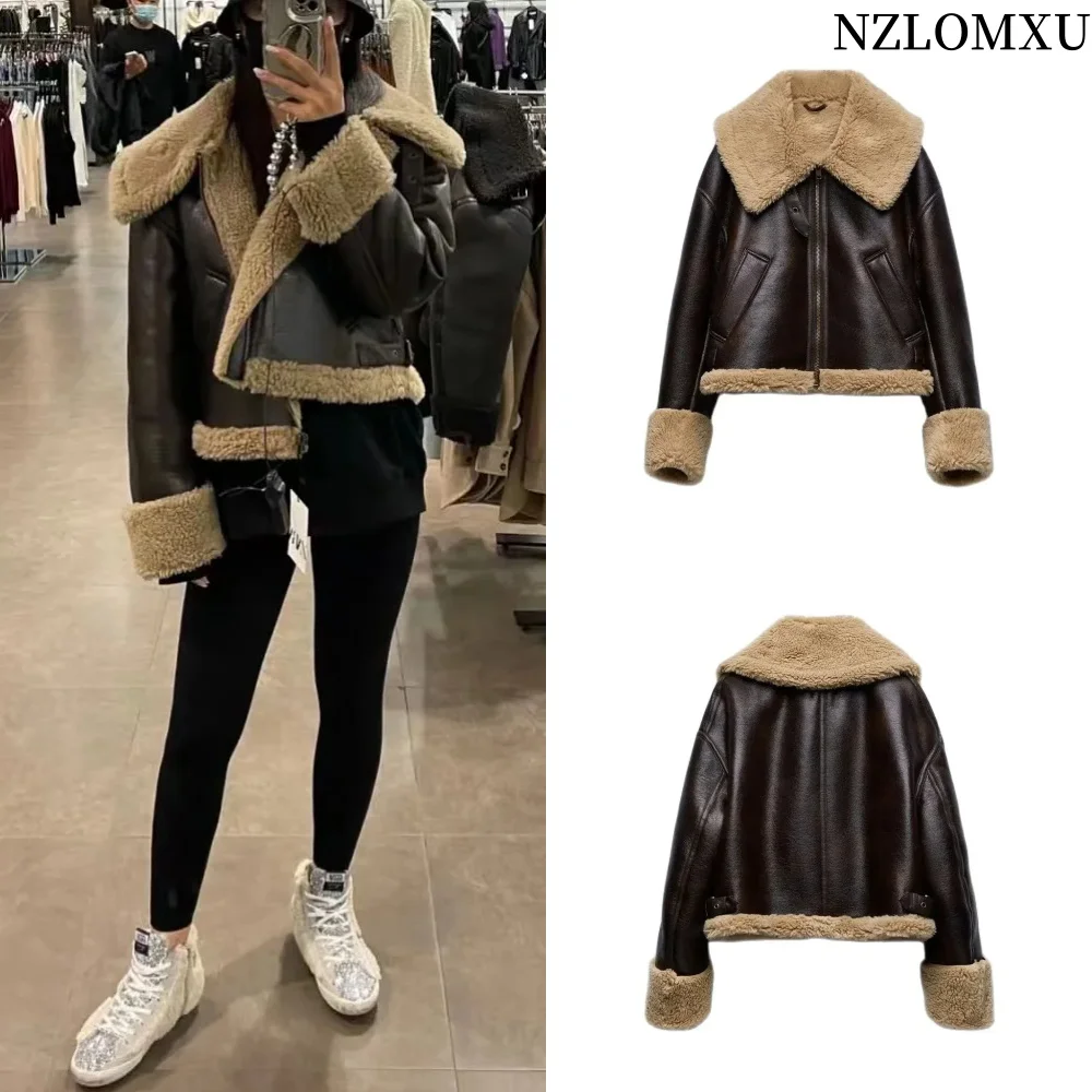 2024 Autumn and Winter New Women\'s Street Style Fur and Leather Double-sided Short Fleece Jacket Coat Leather Jacket