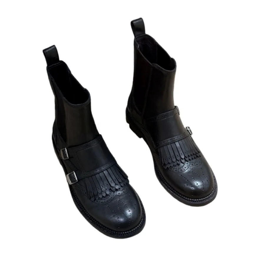 2026 New Women Leather Ankle Boots Fringe Decor Buckle Brogue Carving Low Heel Black Casual Business Daily Short Boots BH0808