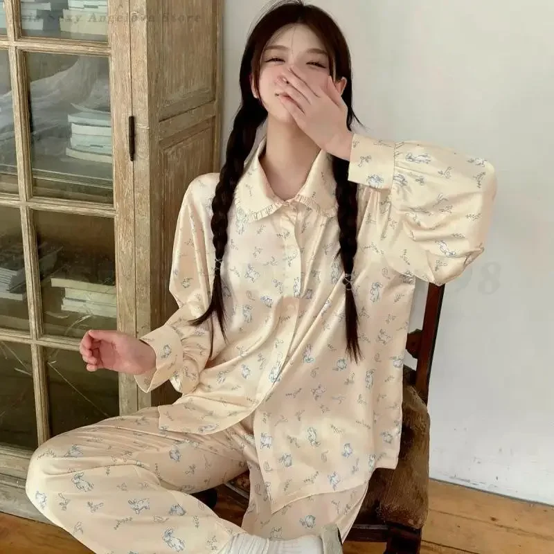 

Женский пижамный комплект из 2 предметов, одежда для дома, рубашка с длинными рукавами и брючные костюмы с милым принтом, весна-лето, повседневная домашняя одежда, одежда для сна